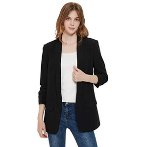 Charis Allure Womens 3/4 Ruched Sleeve Blazer Jacket Lightweight Work Office Open Front Solid Coat, Black, S