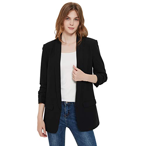 Charis Allure Womens 3/4 Ruched Sleeve Blazer Jacket Lightweight Work Office Open Front Solid Coat, Black, S