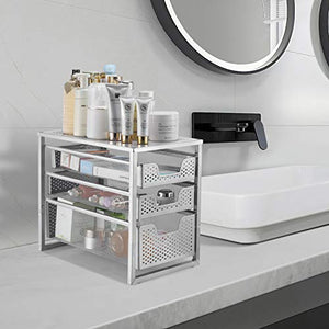 Simple Trending 3-Tier Under Sink Cabinet Organizer with Sliding Storage Drawer, Desktop Organizer for Kitchen Bathroom Office, Stackbale, Silver