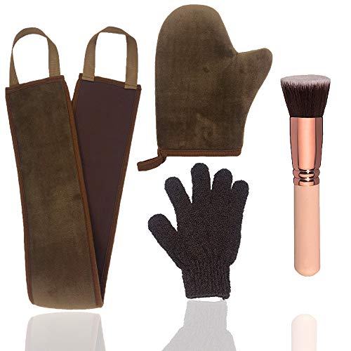 4 Pack Self Tanning Mitt Applicator Kit, with Self Tanning Glove, Self Tan Back Applicator, Exfoliating Glove, Flat Top Self Face Tanner Brush, for Self Sunless Tan Fake Bake Tan (brown)