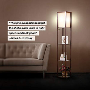 Brightech Maxwell - LED Shelf Floor Lamp - Modern Standing Light for Living Rooms and Bedrooms - Asian Wooden Frame with Open BoxDisplay Shelves - Havana Brown