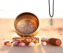 Load image into Gallery viewer, Tibetan Singing Bowl Set - Easy to Play - 7 Chakra Crystal stones with Interchangeable Cage Pendant - Handcrafted in Nepal for Meditation, Mindfulness, Yoga, and Spiritual healing - Energy Cleansing
