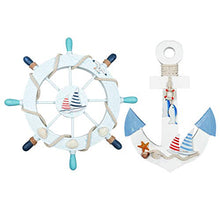 Load image into Gallery viewer, 2 Pack 11" Nautical Beach Wooden Ship Wheel and 11" Wooden Anchor with Sailboat Nautical Boat Steering Wheel Rudder Anchor Wall Art Decor Door Hanging Ornament Beach Theme Home Decoration(Light Blue)
