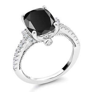 Gem Stone King 925 Sterling Silver Black Onyx and White Created Sapphire Women's Ring (3.14 Ct Cushion Cut) (Size 7)