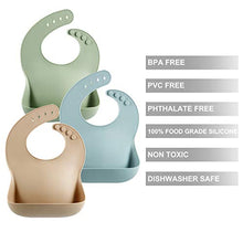 Load image into Gallery viewer, PandaEar (3 Pack) Cute Silicone Baby Bibs for Babies &amp; Toddlers (10-72 Months) Waterproof, Soft, Unisex, Non Messy (Brown/Blue/Green)
