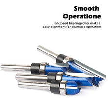 Load image into Gallery viewer, KOWOOD Plus Pattern Flush Trim Router Bit Set, 1/4 Inch Shank, Top Bearing Flush Trim Bit Kit. Cutting Height in 25/64”, 3/4”, 1”, 1-1/2”. With updated Kowood C3 Carbide. Great for trim shelf edging, veneer or laminates
