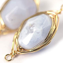 Load image into Gallery viewer, Natural Stone Wire Wrap Dangle Drop Earrings 14K Yellow Gold Plated 925 Sterling Silver Hook/Blue Lace Agate Cut 12mm

