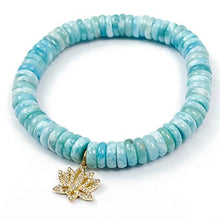 Load image into Gallery viewer, Diamond 14k Gold Lotus Flower Charm on Larimar Bracelet - 7 inches Long Elastic Thread Stretchy Handmade Bracelet by Miller Mae Designs

