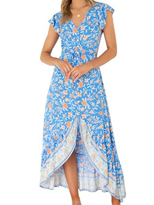 Vermisse Women’s Summer Button Up Split Bohemian Floral Printed V Neck Beach Party Ruffle Maxi Dress