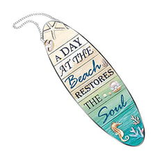 Load image into Gallery viewer, Hotop Metal Surfboard Sign Decor A Day At The Beach Restores The Soul Plaque Hanging Beach Decor for Wall and Door Outside Decor, 4 x 12.6 Inch
