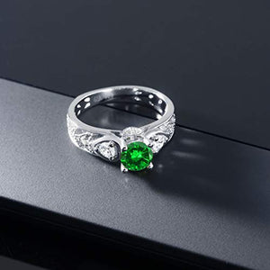 Gem Stone King 925 Sterling Silver Green Simulated Emerald Women Engagement Ring (2.76 Ct Round) (Size 7)