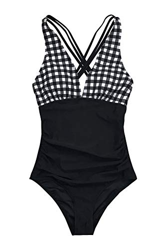 Load image into Gallery viewer, CUPSHE Women's One Piece Swimsuit V Neck Tummy Control Cross Back Vintage Swimwear Bathing Suits White Stripe Floral M
