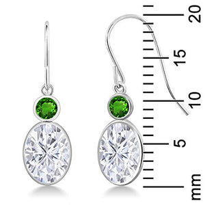 14K White Gold Dangle Earrings Forever Brilliant (GHI) Oval 3.00ct (DEW) Created Moissanite by Charles & Colvard and Simulated Tsavorite