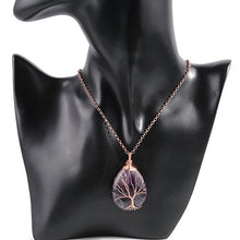 Load image into Gallery viewer, Top Plaza Wire Wrapped Tree of Life Natural Gemstone Teardrop Pendant Necklace Healing Crystal Chakra Jewelry for Women - Amethyst+Rose Quartz+Synthetic Opalite
