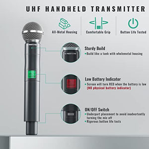 Wireless Microphone System, Phenyx Pro 4-Channel UHF Wireless Mic, Fixed Frequency Metal Cordless Mic with 4 Handheld Dynamic Microphones, 260ft Range, Microphone for Singing,Church,DJ (PTU-5000A)