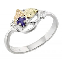 Load image into Gallery viewer, Created Soude Amethyst Round February Birthstone Ring, Sterling Silver, 12k Green and Rose Gold Black Hills Gold Motif, Size 8.5
