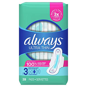 Always Ultra Thin Feminine Pads For Women, Size 3 Extra Heavy Long Absorbency, Multipack, With Wings, Unscented, 28 Count X 3 Packs (84 Count Total)