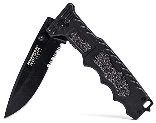 Load image into Gallery viewer, Humvee HMV-KTR-01 Recon 1 Folding Knife with Partially Serrated Stainless Steel Blade and Rear Glass Breaker, Black