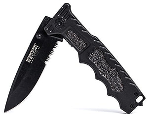 Humvee HMV-KTR-01 Recon 1 Folding Knife with Partially Serrated Stainless Steel Blade and Rear Glass Breaker, Black