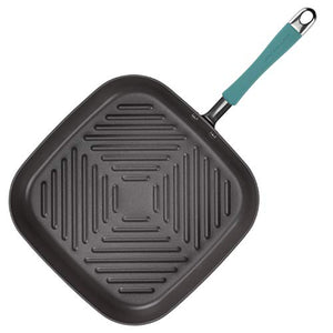 Rachael Ray Cucina Hard Anodized Nonstick Grill/Deep Square Griddle Pan, 11 Inch, Gray with Blue Handles