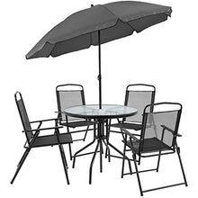 Load image into Gallery viewer, Flash Furniture Nantucket 6 Piece Black Patio Garden Set with Table, Umbrella and 4 Folding Chairs
