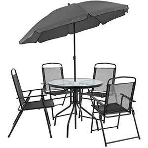 Flash Furniture Nantucket 6 Piece Black Patio Garden Set with Table, Umbrella and 4 Folding Chairs