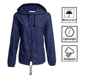 Hount Women's Lightweight Hooded Raincoat Waterproof Packable Windbreaker Jacket (L, Navy Blue)