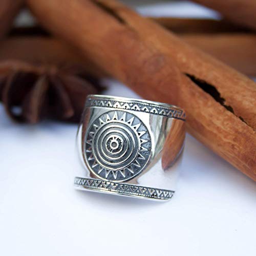 925 Sterling Silver Mayan Sun Cigar Band Ring Inca Aztec Calendar Ring Stylish Boho Hippie Jewelry Mexican Native American Tribal Style Gift for Women Handmade Unique Design