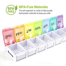 Load image into Gallery viewer, AUVON iMedassist Weekly Pill Organizer Arthritis Friendly, BPA Free Travel 7 Day Pill Box Case with Spring Open Design and Large Compartment to Hold Vitamins, Cod Liver Oil, Supplements and Medication
