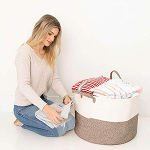 Luxury Little XXXL Nursery Storage Basket :: 100% Cotton Rope Hamper with Handles :: Sturdy Baby Bin Organizer for Laundry Toys Blankets Pillows :: 22 x 22 x 14 Off White/Beige