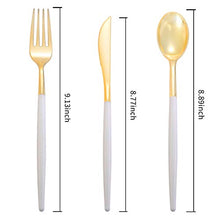 Load image into Gallery viewer, 144 PCS Disposable Gold Silverware, Plastic Flatware with White Handle, Gold Plastic Cutlery Includes: 48 Forks, 48 Knives and 48 Spoons (GOLD)
