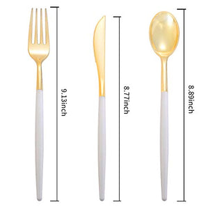 144 PCS Disposable Gold Silverware, Plastic Flatware with White Handle, Gold Plastic Cutlery Includes: 48 Forks, 48 Knives and 48 Spoons (GOLD)