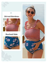 Load image into Gallery viewer, Maternity High Waist Bikini Swimsuit Two Piece Ruffled Hem Cute Floral Bathing Suit Pink L
