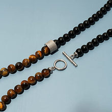 Load image into Gallery viewer, Hovaete 8mm Natural Stone Beads Short Necklace Stainless Steel Beaded Charm Choker Neck Chain Fashion Men and Women Jewelry 21.7inch(55cm)(yellow tiger eye+black onyx)
