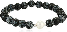 Load image into Gallery viewer, Genuine Semi-Precious Snowflake Obsidian Round Bead Stretch Bracelet with White Freshwater Cultured Pearl with Rhodium Plated Silver Accent, 6-1/2&quot;
