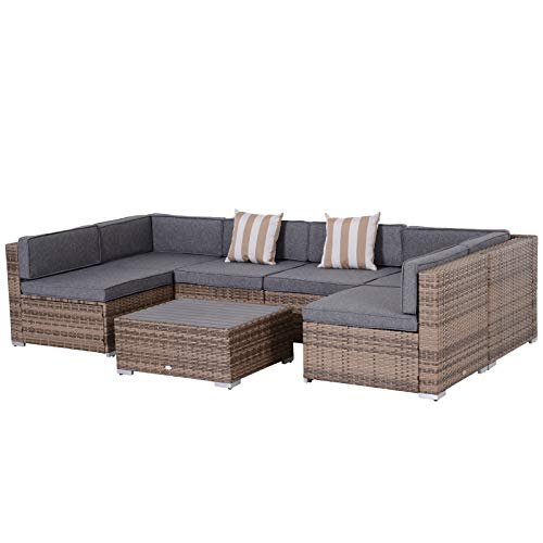 Outsunny 7-Piece Outdoor Rattan Sofa Set Wicker Patio Sectional Sets, Conversation Furniture Set with Cushions & Slat Plastic Wood Table, Grey