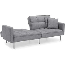 Load image into Gallery viewer, Best Choice Products Convertible Linen Fabric Tufted Split-Back Plush Futon Sofa Furniture for Living Room, w/ 2 Pillows, Wood Frame, Metal Legs - Dark Grey
