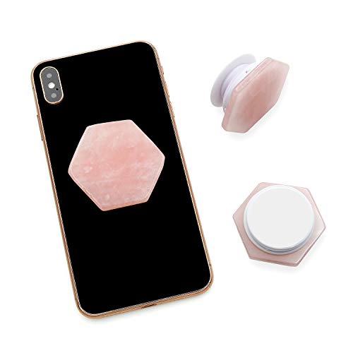 Rose Quartz Hexagon Crystal Gemstone Phone Grip Collapsible Stand Holder Smooth Worry Stone for Smart Phone and Tablet