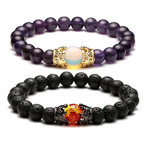 Jovivi 2pcs Couple Bracelets for Men Women 8mm Amethyst Lava Rock Healing Energy Beads Stretch Crown King Charm Bracelet Adjustable