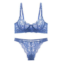 Load image into Gallery viewer, Women's Sexy Soft Lace Lingerie Set See Through Underwear Floral Lace Underwire Sheer Bra and Panty Set (Blue,32C)
