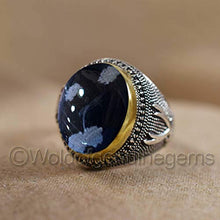 Load image into Gallery viewer, Snowflake Obsidian Gemstone Ring, Solid 925 Sterling Silver, Cab Oval, Black Enamel, Handmade, Sword Design Ring, Two Tone, Vintage Style, Bold Ring For Men, Unique Gift For Boys, Christmas Wear
