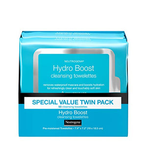 Neutrogena HydroBoost Facial Cleansing & Makeup Remover Wipes with Hyaluronic Acid, Hydrating Pre-Moistened Face Towelettes to Cleanse & Remove Dirt, Makeup & Impurities, Twin Pack, 25 ct
