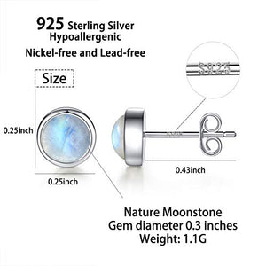 Angol Sterling Silver Moonstone Stud Earrings for Women Girls, 925 Hypoallergenic Rainbow Moonstone Earrings, 5MM Tiny Cute Round Natural Gemstone Earrings Birthday Christmas Gift with Box (White, 5)