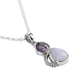 NOVICA Amethyst Rainbow Moonstone .925 Sterling Silver Pendant Necklace, 18" 'Two Teardrops'