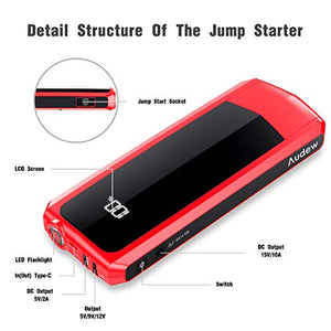 Audew Upgraded Car Jump Starters, Jump Box 2000A Peak 20000mAh Battery Charger Automotive(up to All Gas and 8.5L Diesel), 12V Battery Booster with 3 Modes LED Flashlight and Dual QC USB Ports