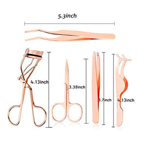 Arroyner 5 Pieces Eyelash Applicator Tool False Eyelashes Applicator Eyebrow Curler Eyebrow Scissors (Rose Golden)