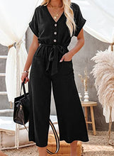 Load image into Gallery viewer, ROSKIKI Women's V-Neck Short Sleeve Button Pocketed Wide Leg Jumpsuits Romper with Belt
