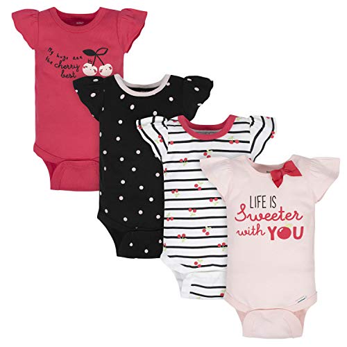 Gerber Baby Girls 4-Pack Short Sleeve Onesies Bodysuits, Pink Cherry, 0-3 Months