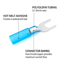 Load image into Gallery viewer, Wirefy 130 PCS Heat Shrink Fork Connectors #10 - Marine Grade Fork Terminals - Spade Fork Wire Connectors - Blue 16-14 Gauge
