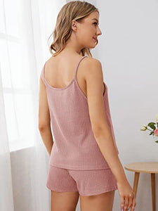 Romwe Women's Maternity Pajama Set Waffle Cami Top and Shorts Set Maternity Loungewear Sets Pink M